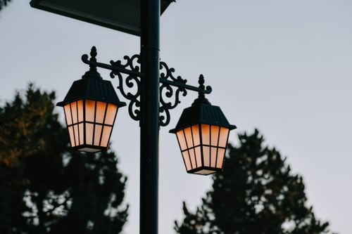 Free Low angle of black metal retro streetlamps placed on pillar in city park with evergreen trees on cloudy day Stock Photo