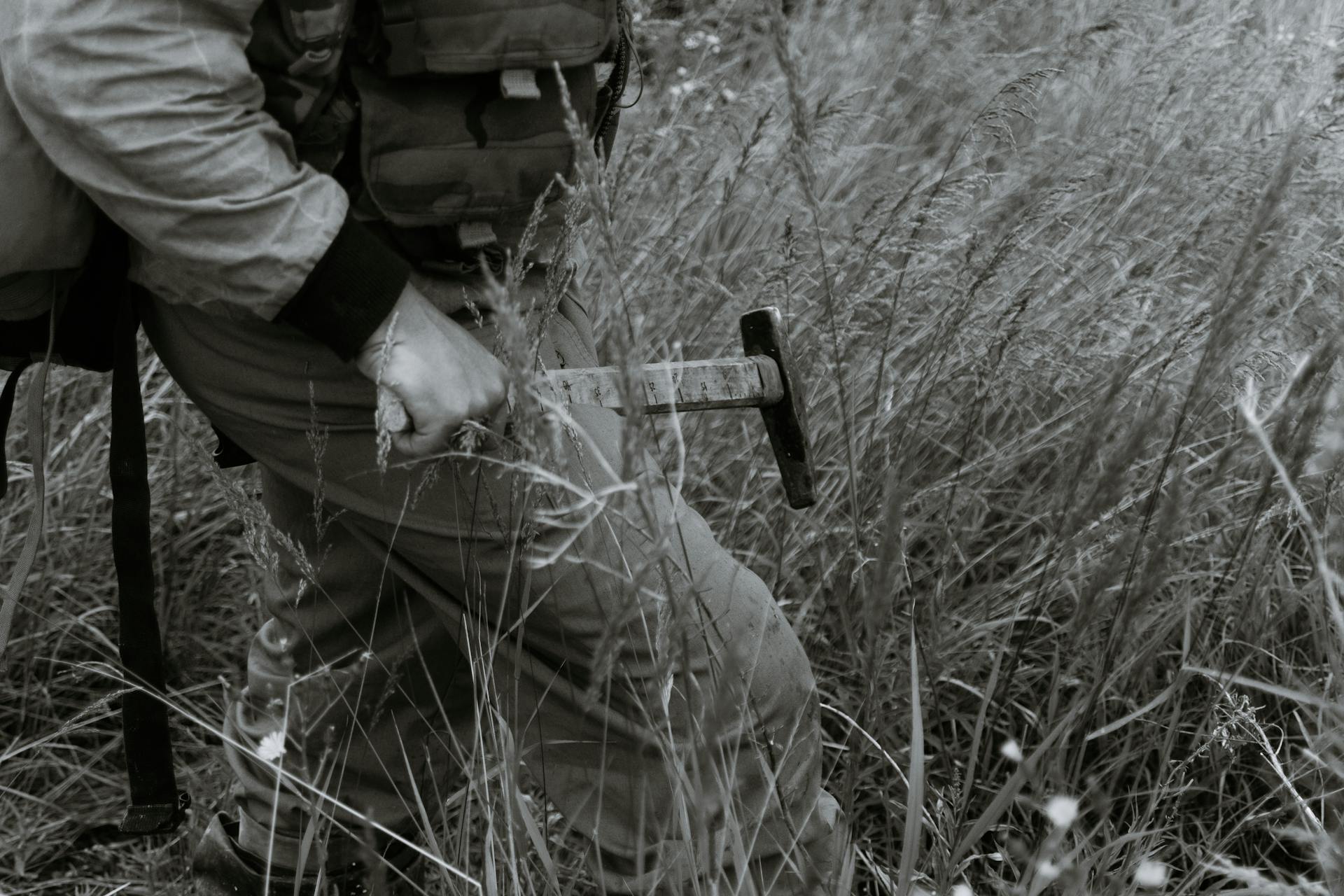 A geologist with a hammer explores a tranquil grassy field during the day.