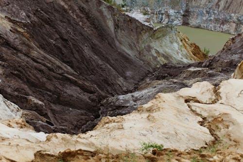 Sandy formations near water and mountain