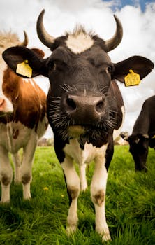 A close-up view of a black and white cow standing in a green pasture with a focus on its face.