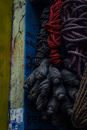 Tied fishing tackle in wooden boat