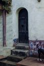 Exterior of aged shabby building with arched wooden door and dog walking on street