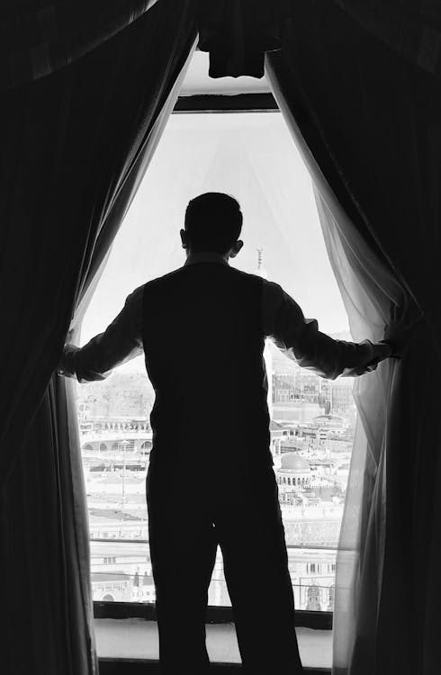 HD wallpaper: Greyscale Photo of Man Looking Through Window, black