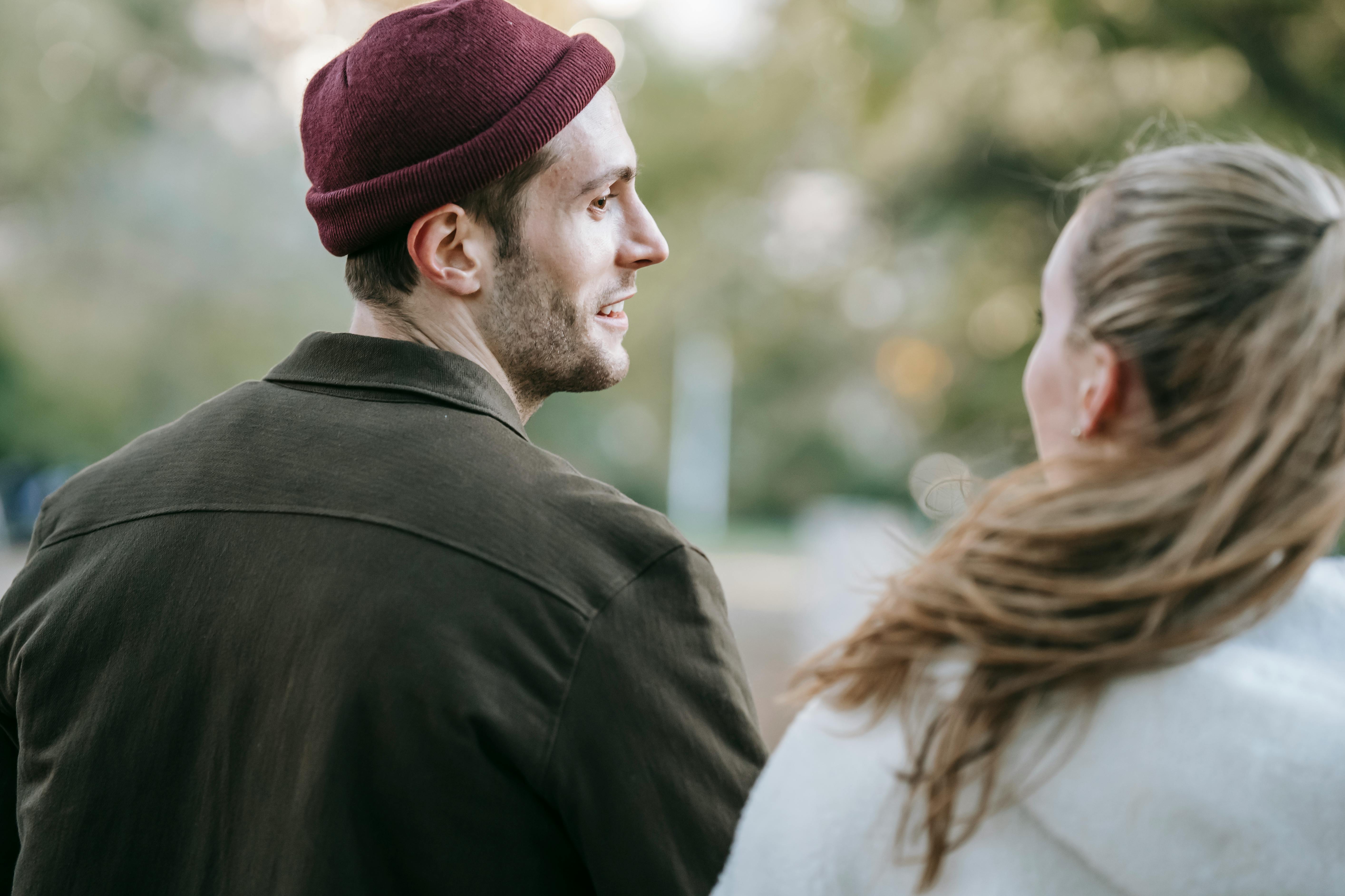 happy couple walking together on street