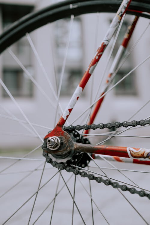 無料 チェーン付き赤い自転車ホイール 写真素材