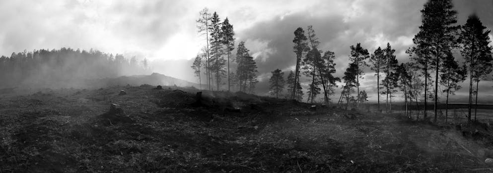 Dramatic black and white landscape of a misty forest clearing with tree stumps.