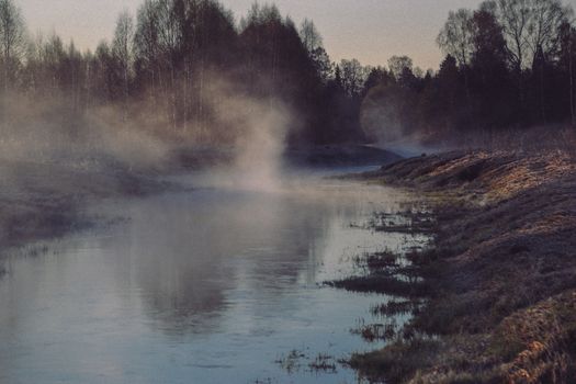 Picturesque scenery of misty river flowing among leafless trees in forest illuminated by sunlight under cloudless sky in daytime