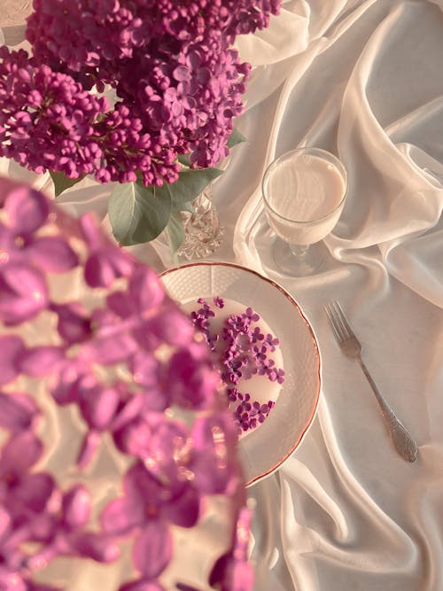 Pink flowers in vase and frozen petals on plate