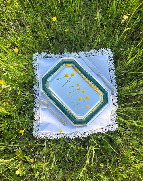 Top view of tray with flowers placed with spoon and knife on napkin in grassy meadow