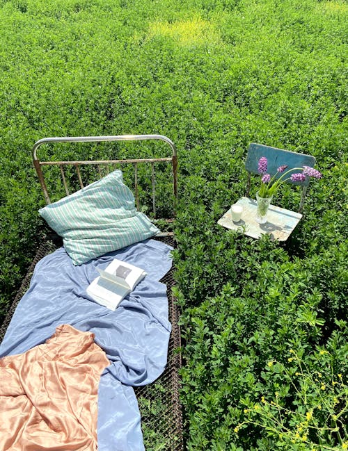 Bed with book near chair with flower bunch in field