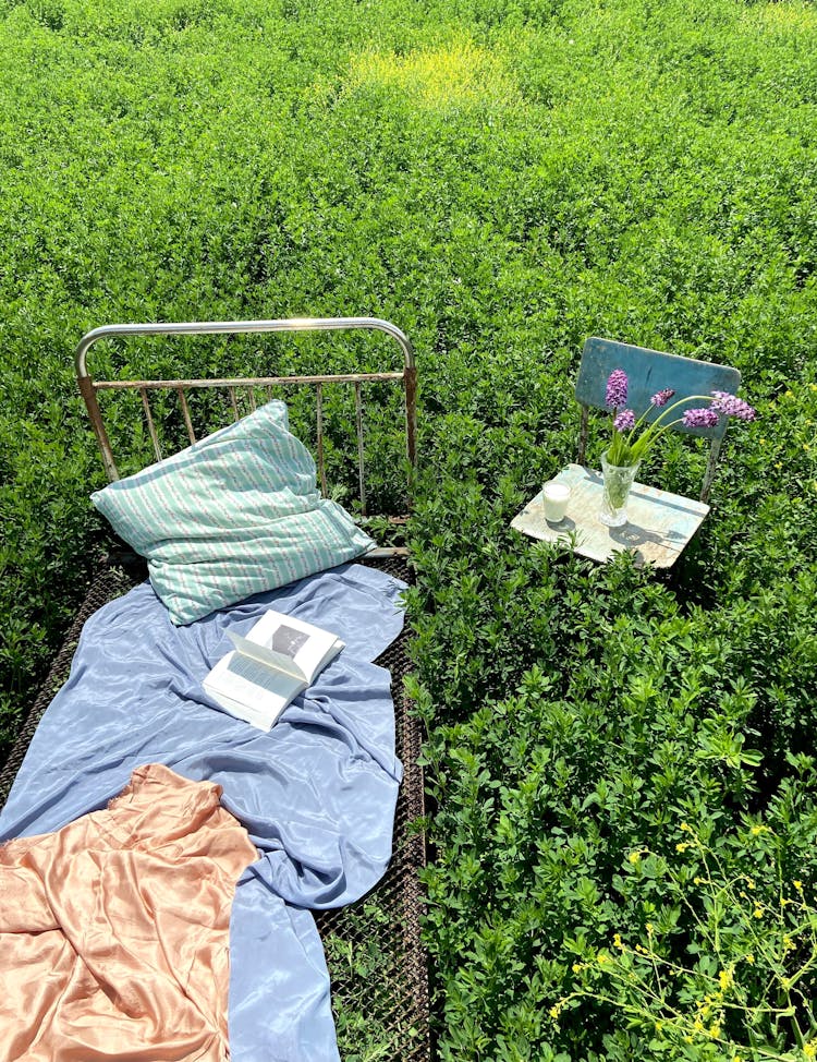 Bed With Book Near Chair With Flower Bunch In Field