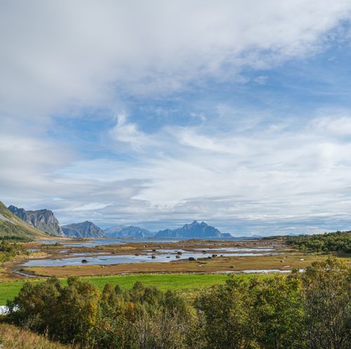 Free Picturesque scenery of grassy valley with green trees and calm water with mountains on background under blue sky in daylight Stock Photo