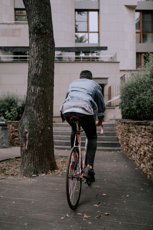 Free A man cycling through an urban park pathway, surrounded by greenery and buildings. Stock Photo