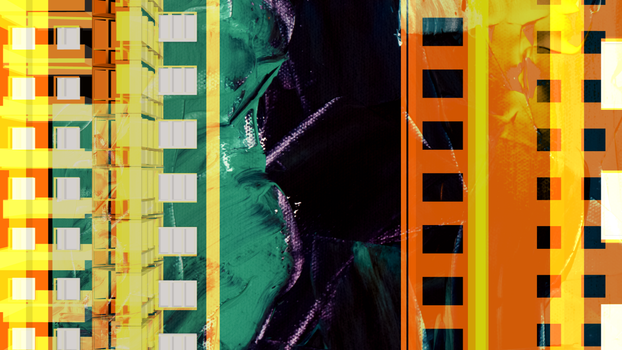 Dynamic abstract art featuring vibrant colors and geometric patterns inspired by urban design.