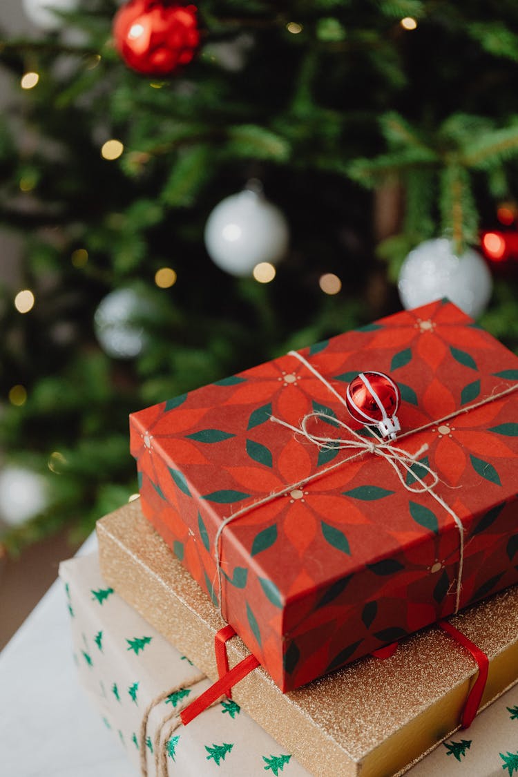 Close-up Of Wrapped Christmas Presents Near Fir Tree