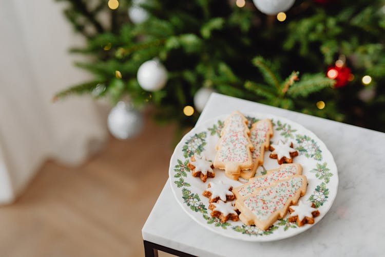 Close Up Of Christmas Cookies On Plate