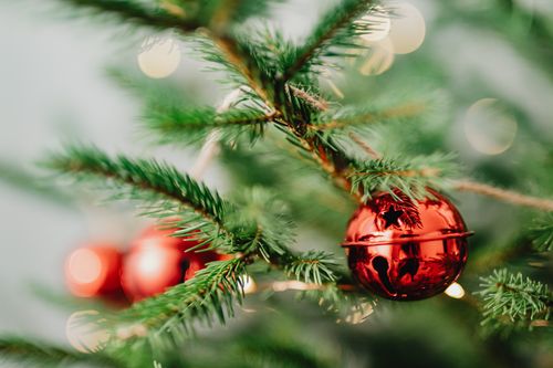 Free Festive red ornament hanging on Christmas tree with blurred lights. Stock Photo