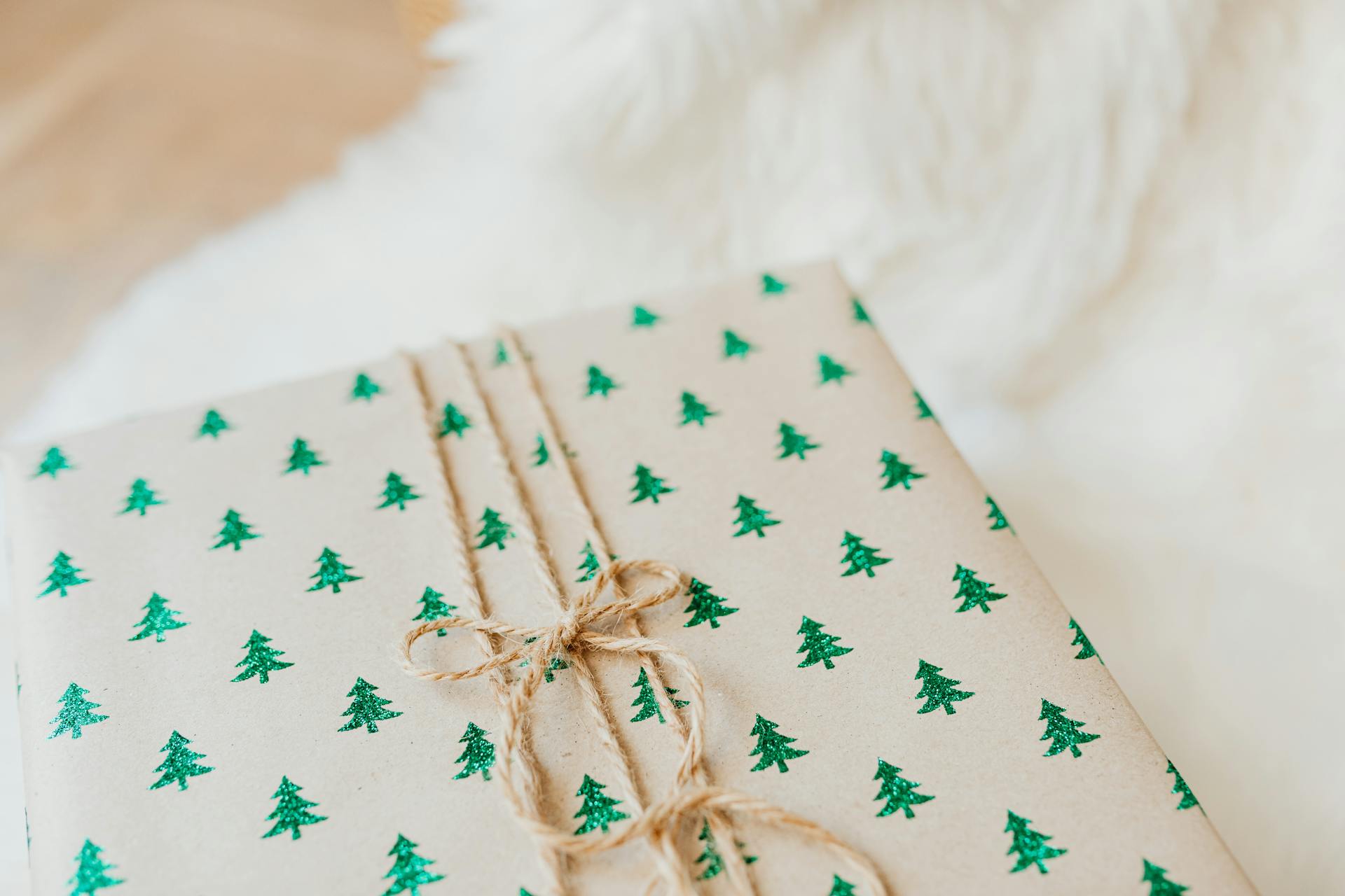 Close-up of a Christmas gift with tree-patterned wrapping paper and twine ribbon.
