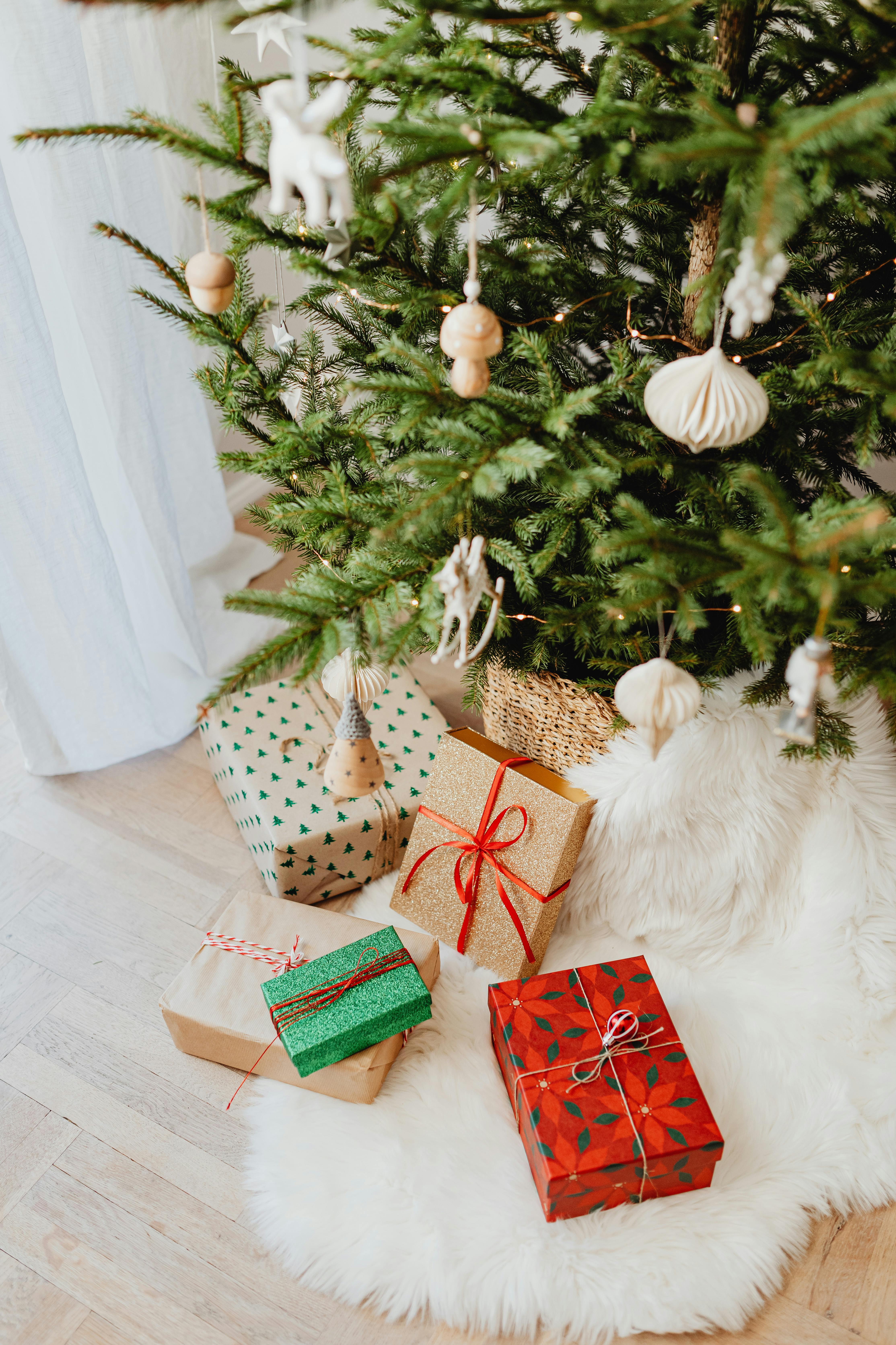 装饰精美的圣诞树下，包装精美的礼物烘托出浓厚的节日气氛