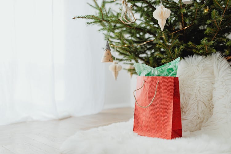 Red Paper Bag On Fur Carpet