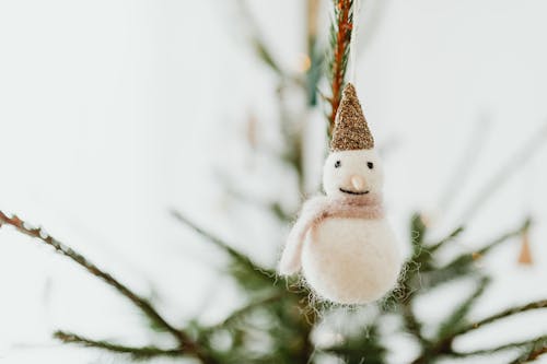 Close-up of a Snowman Christmas Ornament on a Christmas Tree