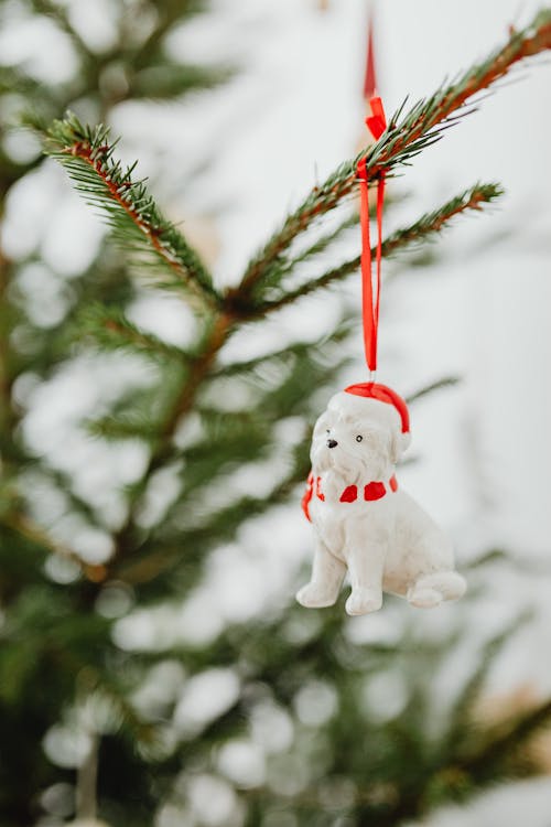 Close-up of a Bauble in a Shape of a Dog on a Real Christmas Tree