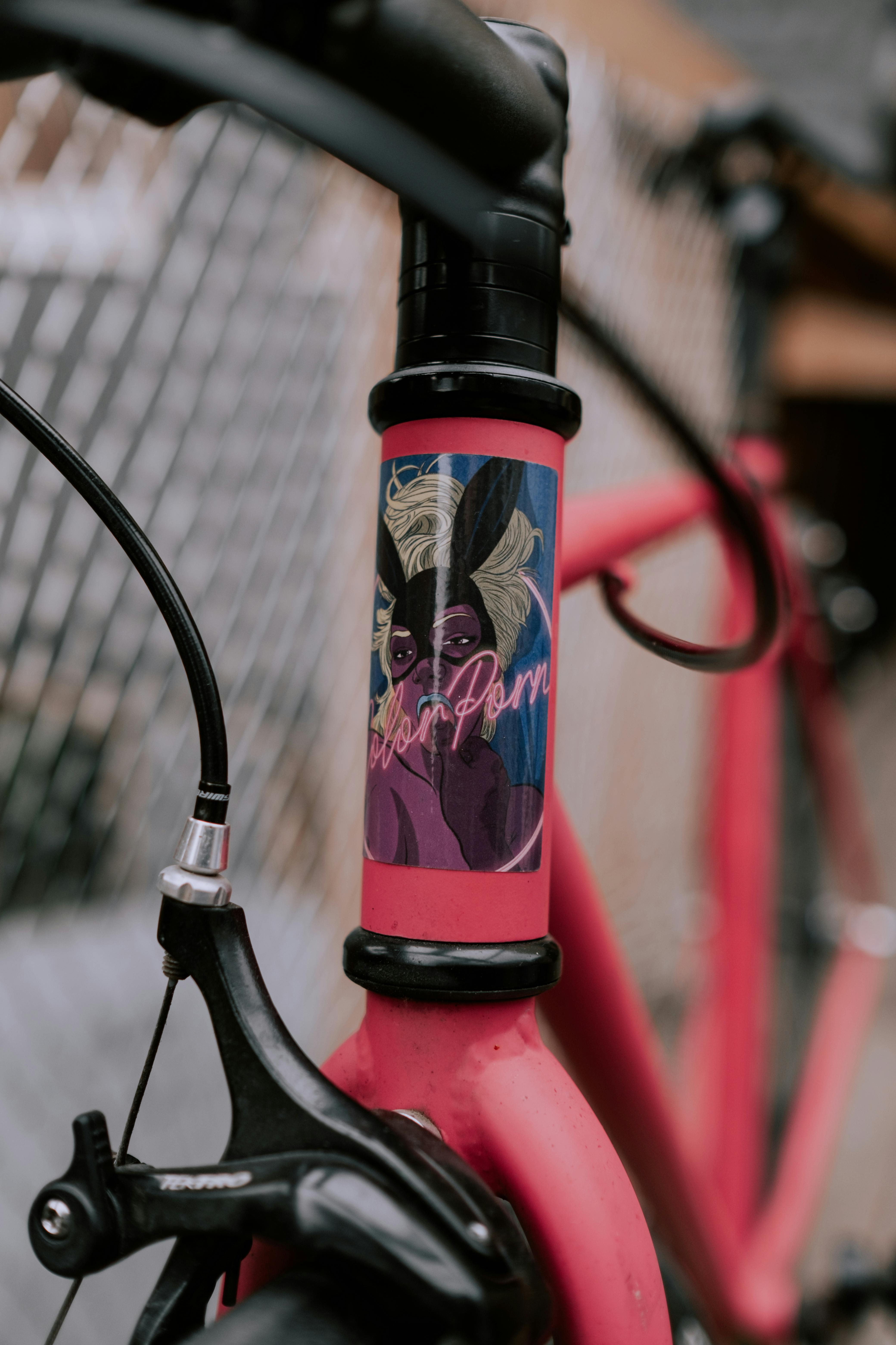 Detailed view of a bicycle frame featuring a colorful artistic sticker, highlighting brake components.