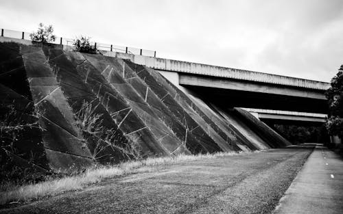 Grayscale Photo of a Road Under a Concrete Bridge