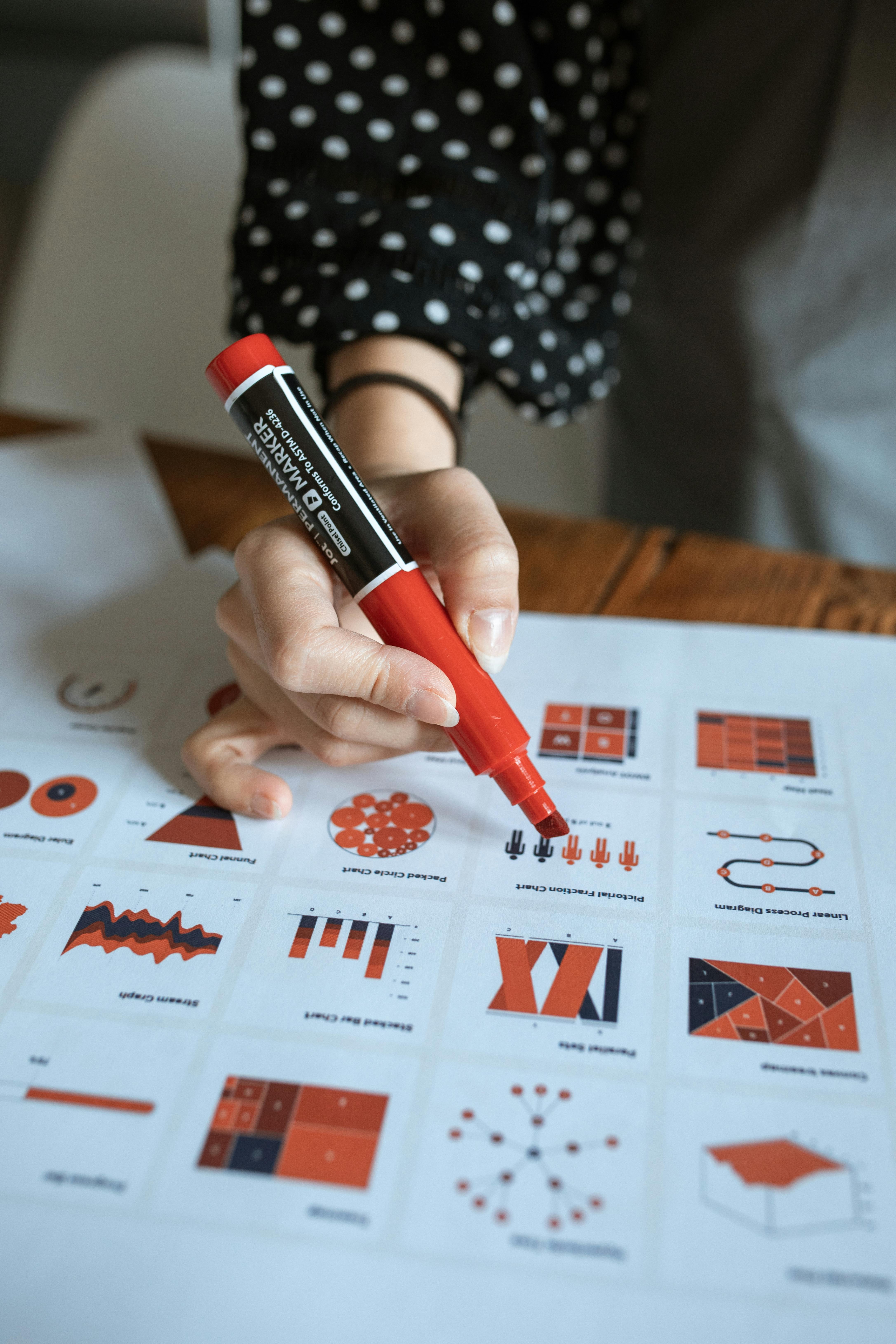 woman in black and white polka dot shirt holding red click pen