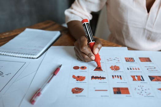 Close-up of a person marking business charts with a red marker, showcasing data analysis and planning.