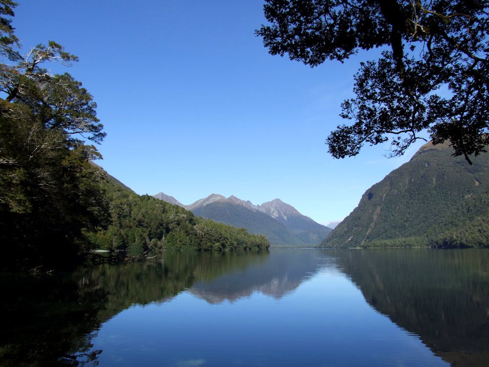 ağaçlar, dağlar, göl gunn içeren Ücretsiz stok fotoğraf