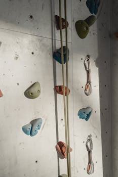 Close-up view of an indoor climbing wall featuring colorful holds and carabiners in bright lighting.