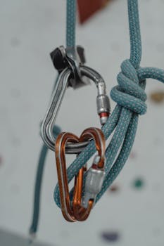 Detailed shot of carabiners and rope setup on an indoor climbing wall.