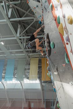 Adult engaged in rock climbing on an artificial wall indoors at a gym.