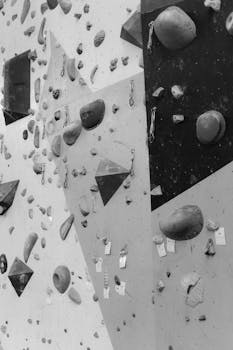 Black and white image of a detailed indoor climbing wall with grips and equipment.