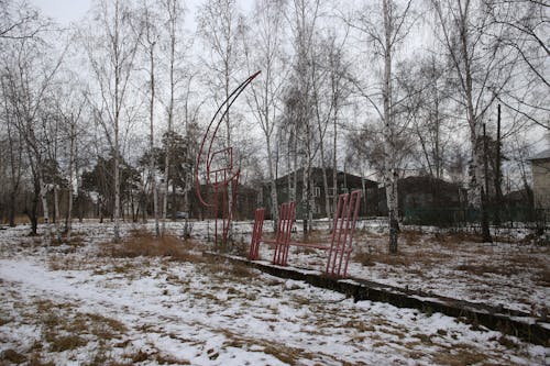 Iron construction of USSR symbol near leafless birch trees surrounded with houses of rural settlement