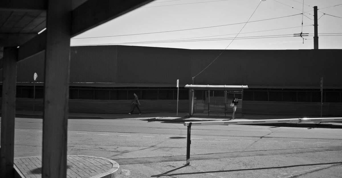 Black and white of empty road against bus stop and building placed in city in sunny day