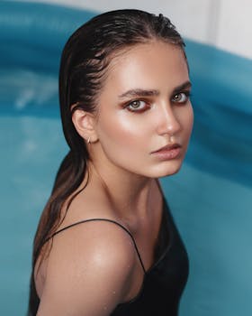 Stylish portrait of a woman with wet hair in a pool, exuding elegance and sophistication.