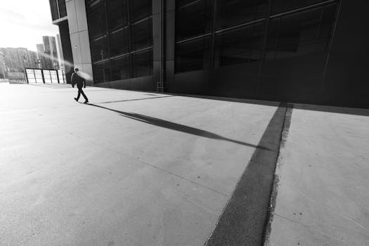 Black and white image of a solitary figure walking beside a modern architectural structure.