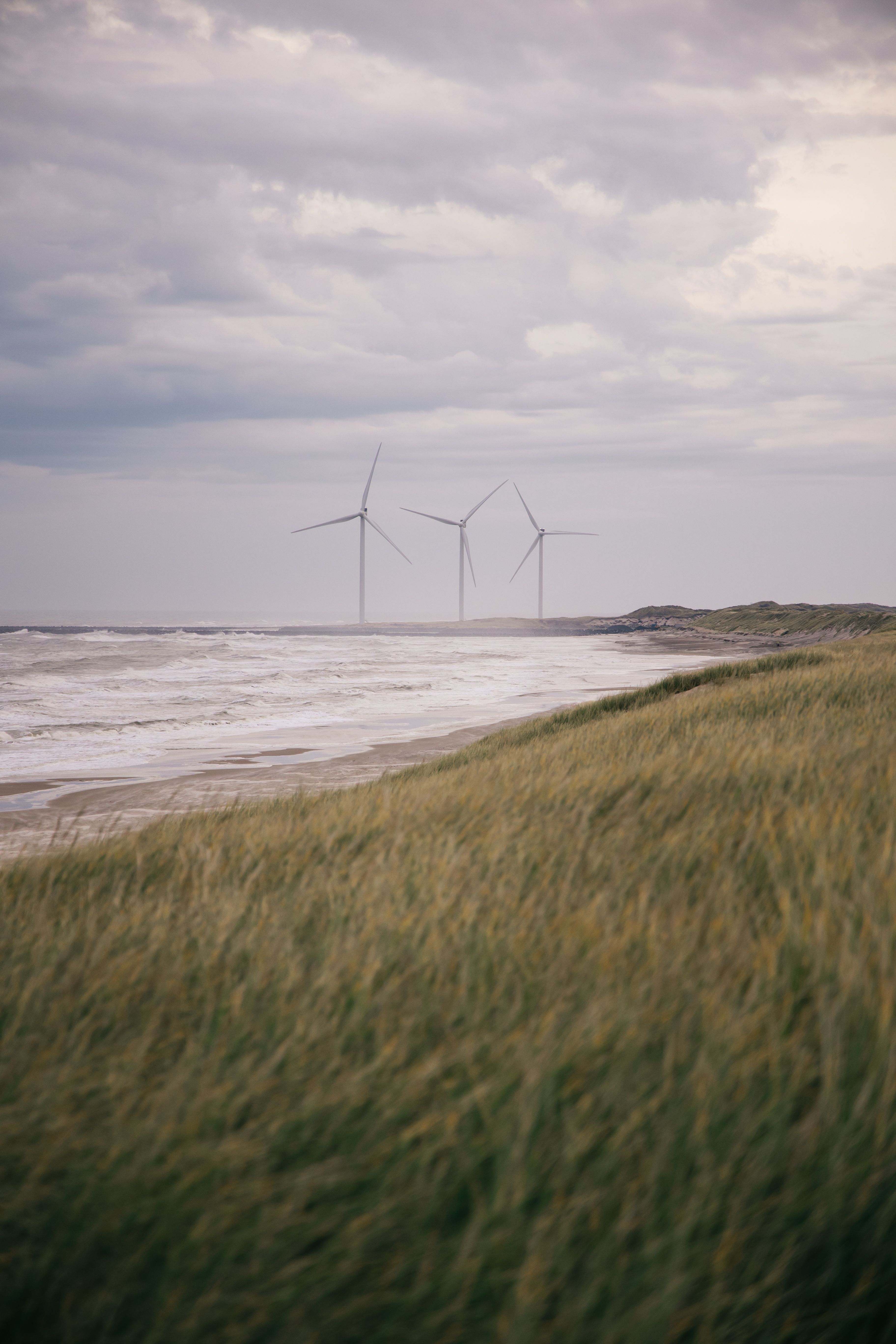 Wind turbines on a grassy beach with ocean waves under a cloudy sky, perfect for renewable energy themes.