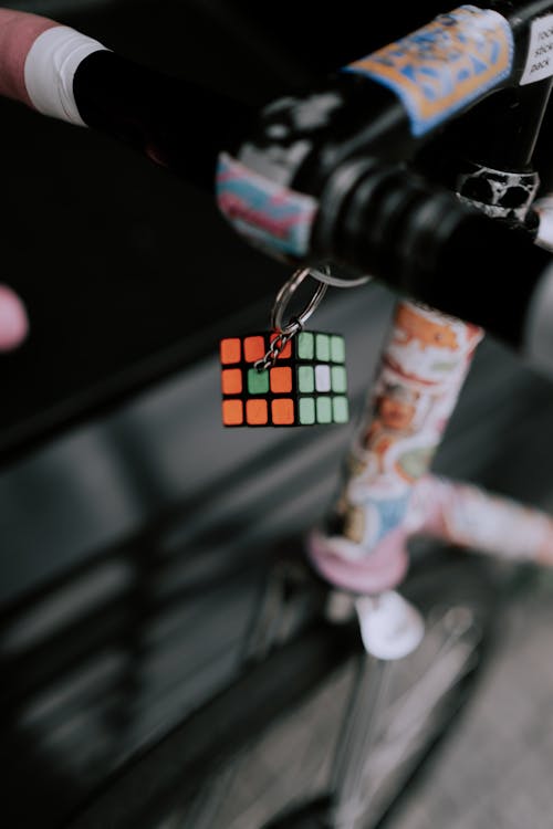 Key Holder in Shape of Rubik Cube Tied to Bike