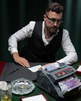 Bearded man in vest organizing money with bill counter, indoors setting.