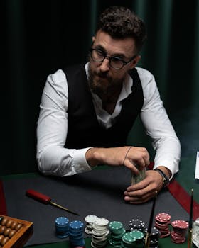 A bearded man with glasses plays poker, strategizing with a stack of chips.