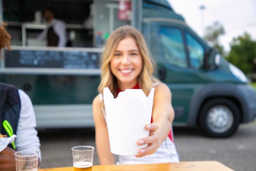 Smiling woman offers takeaway box in front of a food truck. Vibrant outdoor scene.