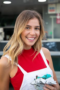 A cheerful young woman enjoying colorful ice cream outside a food truck. Bright summer scene.