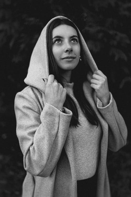 Grayscale Photo of Woman in Hoodie