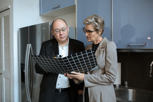 Two business professionals review documents in a modern office kitchen setting.