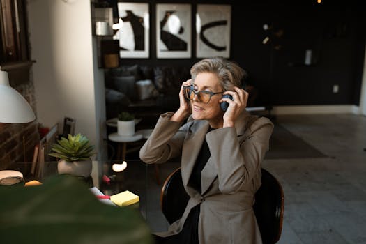 Mature woman enjoying music in modern home office setting. Stylish and relaxing.