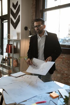 A businessman in formal attire examining architectural designs in a modern office setting.