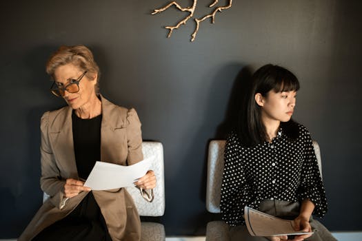 Two women with resumes seated in a stylish modern waiting area, preparing for job interviews.